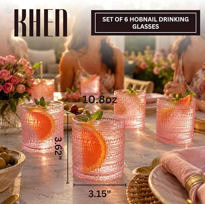 Khen Hobnail Beaded Highball Drinking Tumbler Glasses | Set of 6 | Pastel Pink Color, Vintage Bubble Design Whiskey Glassware, Rocks Glasses - Image 2