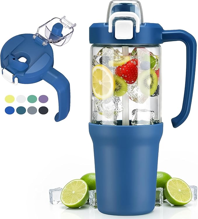 32 oz Glass Tumbler with Handle, 2-in-1 Straw and Sip Spout, Leakproof, BPA-Free Glass Water Bottle for Sports, Office, School, DBlue