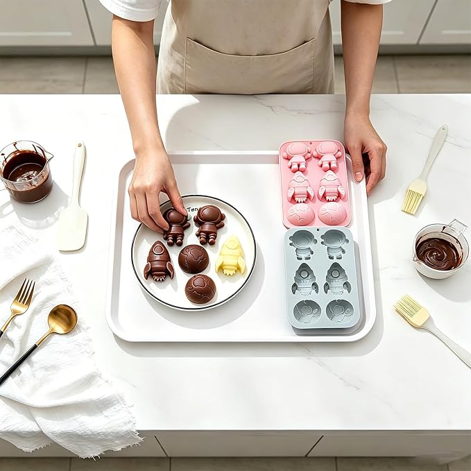 2 Pack Space Themed Silicone Cake Molds 6 Cavity 3D Astronaut Rocket Earth Mould Tray DIY Baking Decorating Tools for Chocolate Candy Cupcake Topper Mousse Dessert Gummy Handmade Soap Clay - Image 6