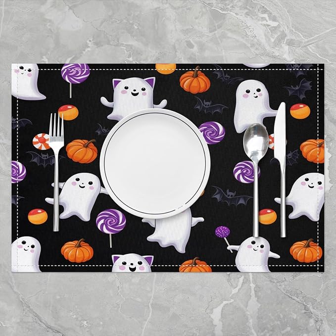 Feelyou Happy Halloween Placemats Set of 4 Cute Ghost Table Mats for Party Kitchen Dining Decoration Black and Orange Place Mat for Table Holiday Decor Indoor Outdoor 18"x12" Pumpkin Lantern - Image 2