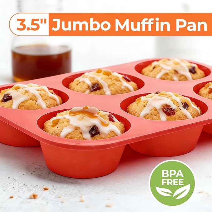 CAKETIME Silicone Jumbo Muffin Pan, 3.5 Inch Silicone Texas Muffin Pan 6 Cup Large Cupcake Pan Nonstick BPA Free Silicone Molds 2 Pack Red - Image 3