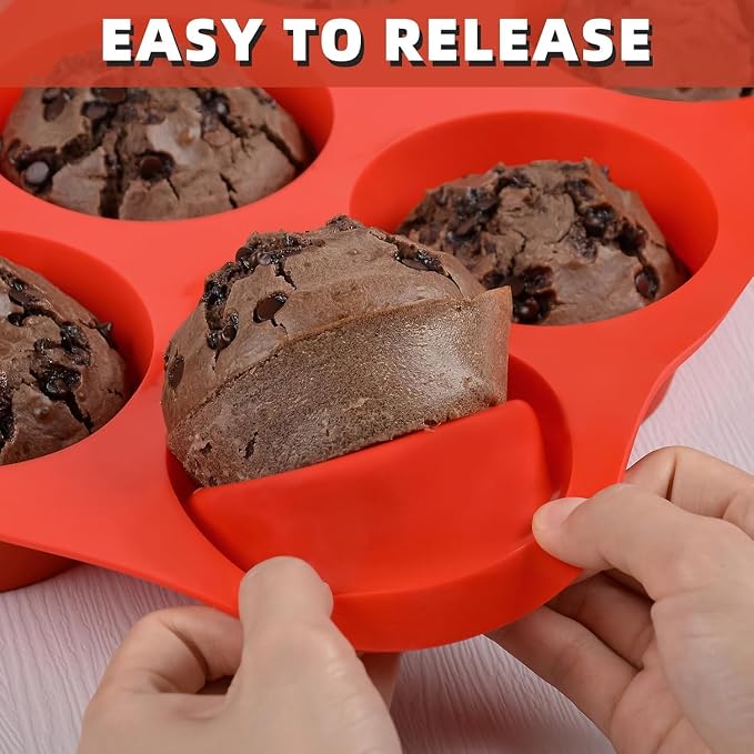 CAKETIME Silicone Jumbo Muffin Pan, 3.5 Inch Silicone Texas Muffin Pan 6 Cup Large Cupcake Pan Nonstick BPA Free Silicone Molds 2 Pack Red - Image 5