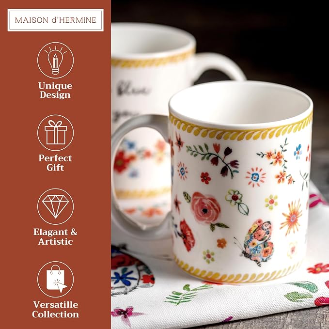 Maison d' Hermine Coffee Mug with Handles Tea Cups (12 Ounce, Pack of 2) | Fine Bone China Coffee Mugs for Hot Beverages Cappuccino Latte Home Restaurant Hotel Spring Summer -Happy Florals - Sweety - Image 2