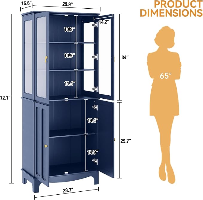 72" Tall Kitchen Pantry Cabinet with Glass Door and Adjustable Shelves, Vintage Food Storage Cabinet for Kitchen, Dining Room, Living Room, Dark Blue - Image 2