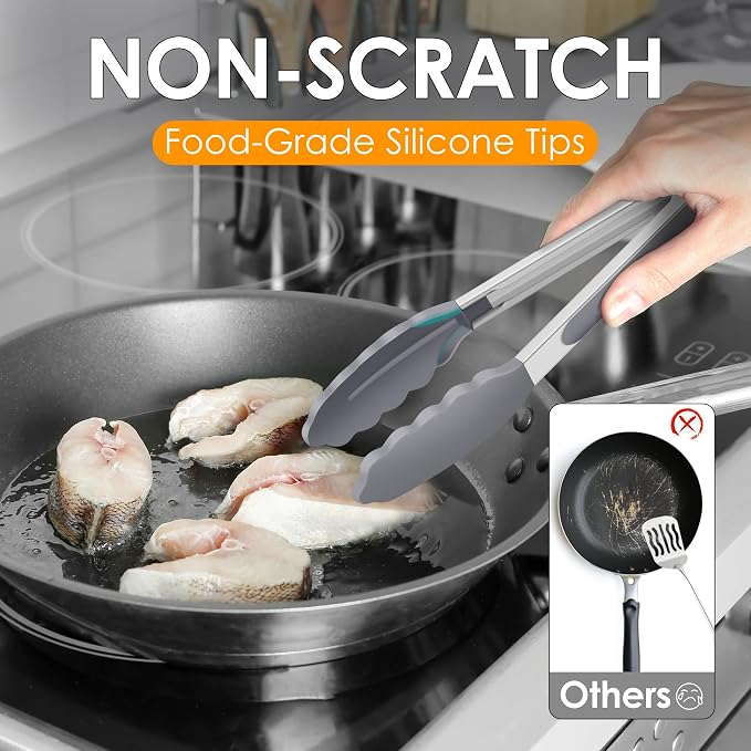 HOTEC Premium Stainless Steel Locking Kitchen Tongs with Silicon Tips, Set of 3-7", 9" and 12" (Grey) - Image 3