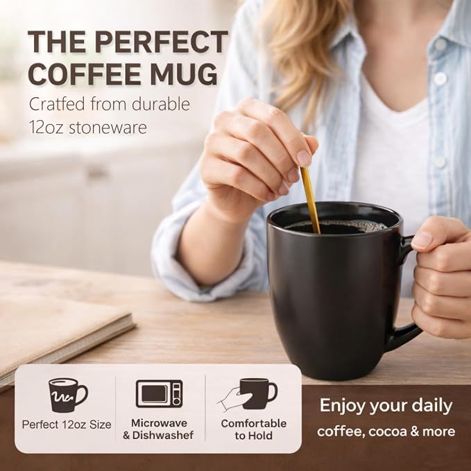 AmorArc 12oz Coffee Mugs Set of 6, Large Coffee Mugs for Men Women Dad Mom, Ceramic Coffee Cups with Large Handle for Tea/Latte/Cappuccino/Cocoa. Dishwasher&Microwave Safe, Matte Black - Image 5