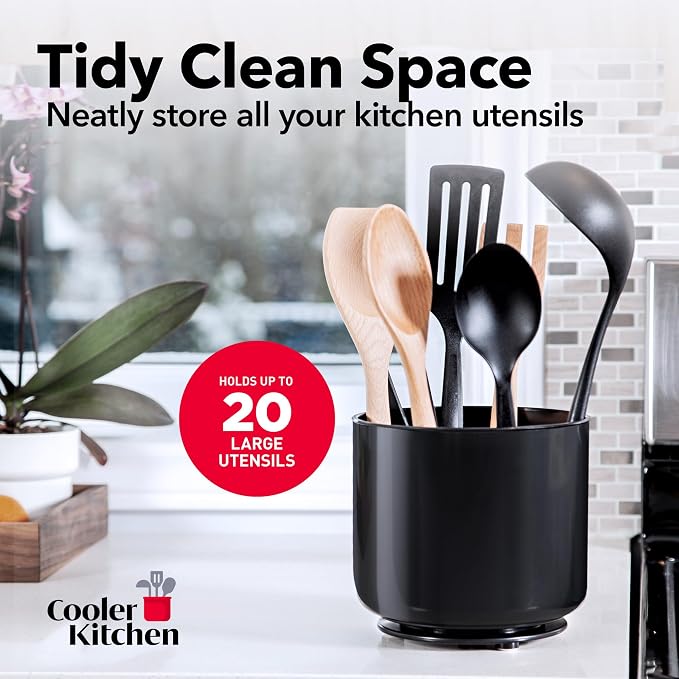 Cooler Kitchen Jumbo Extra Large Sturdy Rotating Black Utensil Holder Caddy with No-Tip Weighted Base, and Gripped Insert - Rust Proof and Dishwasher Safe Kitchen Utensils Holder - Image 6