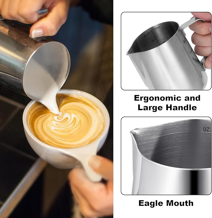 Milk Frothing Pitcher,Milk Steaming Frother Cup,Barista Cappuccino Latte Art Milk Jug with Decorating Pen,Stainless Steel Espresso Coffee Bar Accessories Tools (Silver, 14oz)