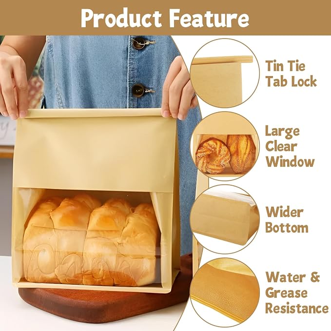 QTLCOHD 100 Pcs Bakery Bags with Window - 8.2 x 3.9 x 9.4 Inch Tin Tie Tab Lock Sourdough Paper Bread Bags for Homemade Bread, Cookie, Pastry, Treat Packaging, Brown - Image 3