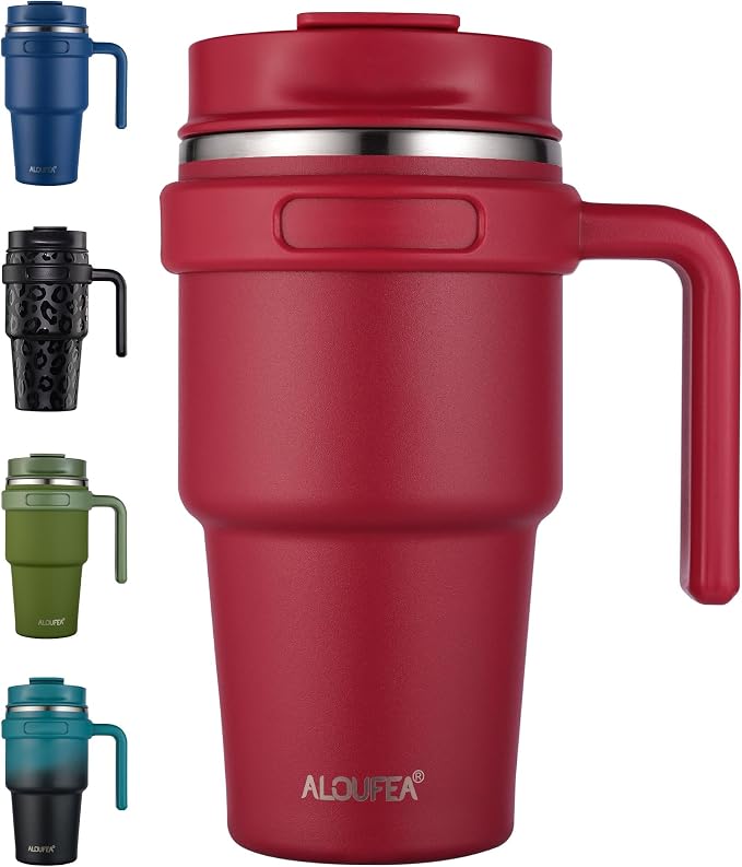 20 oz Insulated Coffee Mug Tumbler with Handle, Stainless Steel Travel Mug Tumbler with Lid and Straw,Double Wall Vacuum Leak Proof Ice Coffee Thermal Cup, Red by ALOUFEA