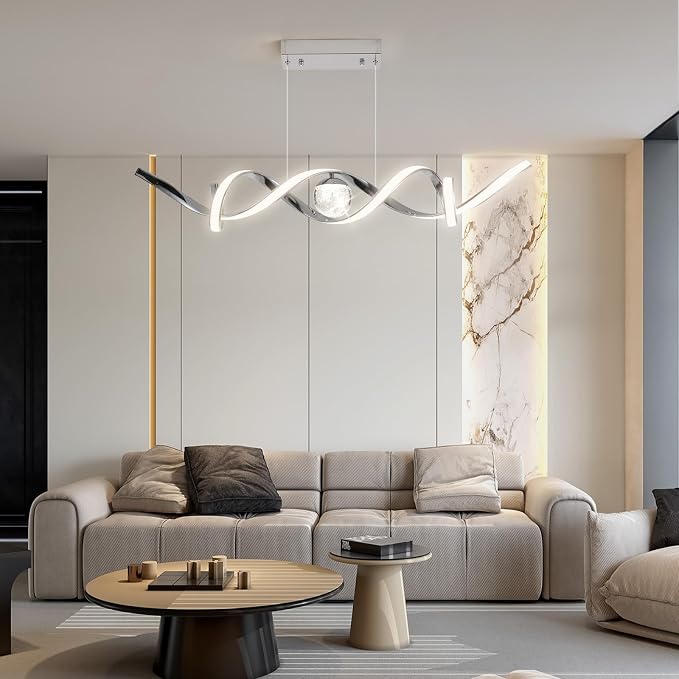 ORANOOR LED Modern Chandeliers 39inch Dimmable Chrome Kitchen Pendant Light | Silver LED Chandelier Lights for Dining Room, Linear Wave Spiral Pendant Light Fixtures, Dining Lights Ceiling Hanging, 36W - Image 9