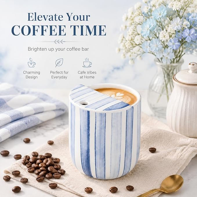 Ceramic Mug with Sip Hole 10 oz Novelty Blue Striped Ceramic Ice Coffee Mug Hand Painted Travel Mugs Heat Resistant Non Slip Built in One Lid Mugs for Coffee Lovers Appreciation Gift - Image 4