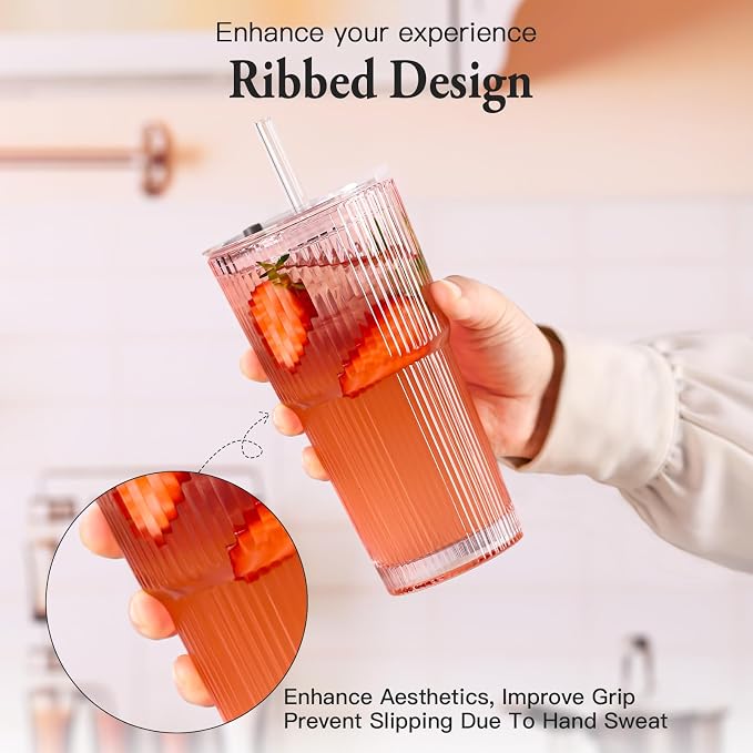 4PCS Pink Ribbed Glass Cups with Lids and Straws, 20oz Vintage Drinking Glasses, Aesthetic Iced Coffee Cups, Glass Tumbler for Boba, Beer, Tea, Cocktails, Ribbed Glassware Set,Pink - Image 3
