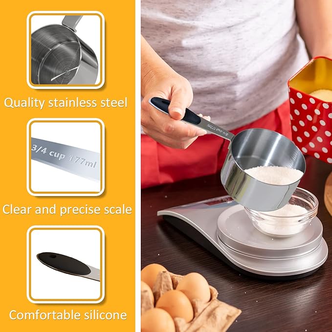 1PCS 3/4Cup (177ml, 6oz) Single Measuring Cup with Black Silicone Grip, Stainless Steel Individual Measure Scoop Only