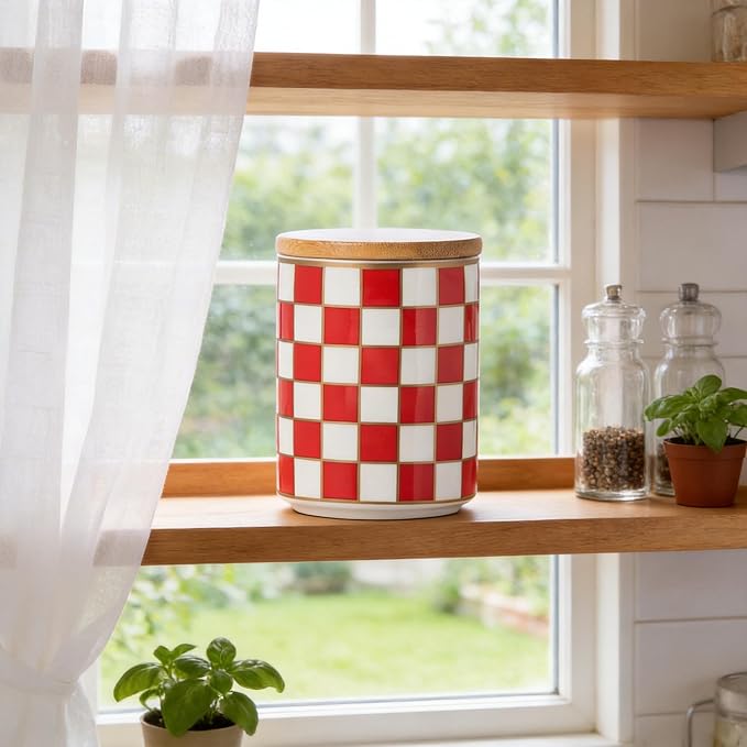 Kitchen Countertop Ceramic Checkered Canisters,Black And White Food Storage Containers With Lid,Airtight Kitchen Canisters for Flour, Sugar, Coffee, Tea, and Dry Goods (Red, Small) - Image 7