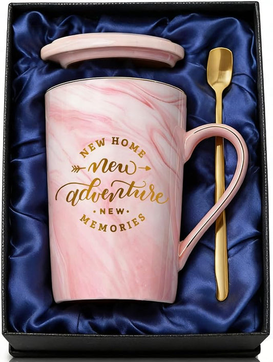 House Warming Gifts New Home, Housewarming Present for Homeowners Couples Women, Closing Gifts for New House Buyers, New Home New Adventure New Memories Mug, 14 oz Pink Marble Gold Print Coffee Mug by ShinnyWis