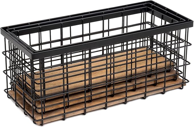 TIEYIPIN Farmhouse Decor Metal Wire Storage Baskets, Wood Base Containers Organizing Basket Caddy Bin for Kitchen Cabinets, Bathroom, Pantry, Garage, Laundry Room, Closets - Small - Black (Set of 3) - Image 5