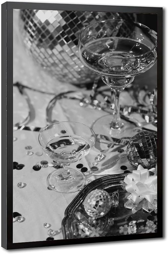 Disco Party, Champagne And Mirror Ball, Black And White, Wine Glasses Poster Canvas Poster Wall Art Decor Print Picture Paintings for Living Room Bedroom Decoration Black Frame 08x12in(20x30cm) by Unknown