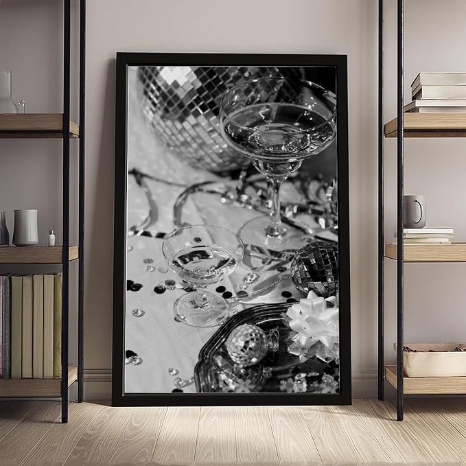 UXCBIA Disco Party, Champagne And Mirror Ball, Black And White, Wine Glasses Poster Canvas Poster Bedroom Decor Sports Landscape Office Room Decor Gift Black Frame 24x36in(60x90cm) - Image 4