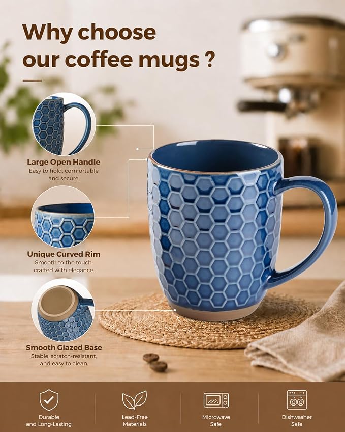 GBhome Large Coffee Mugs Set of 4, 16oz Handmade Embossed Coffee Mugs Set with Large Handle for Cappuccino/Latte/Tea/Hot Cocoa, Dishwasher & Microwave Safe, Blue - Image 4