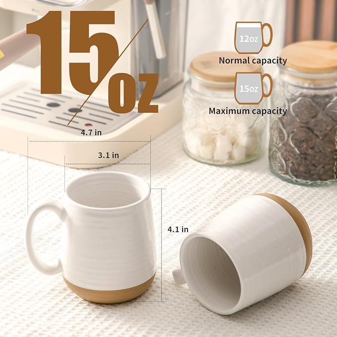 HASENSE Coffee Mugs Set of 4, 15oz Ceramic Coffee Cups with Handle, Two-Tone Design for Cappuccino Latte Tea, Large Microwave Dishwasher SafeMug Set, Housewarming Gift, Creamy White - Image 3