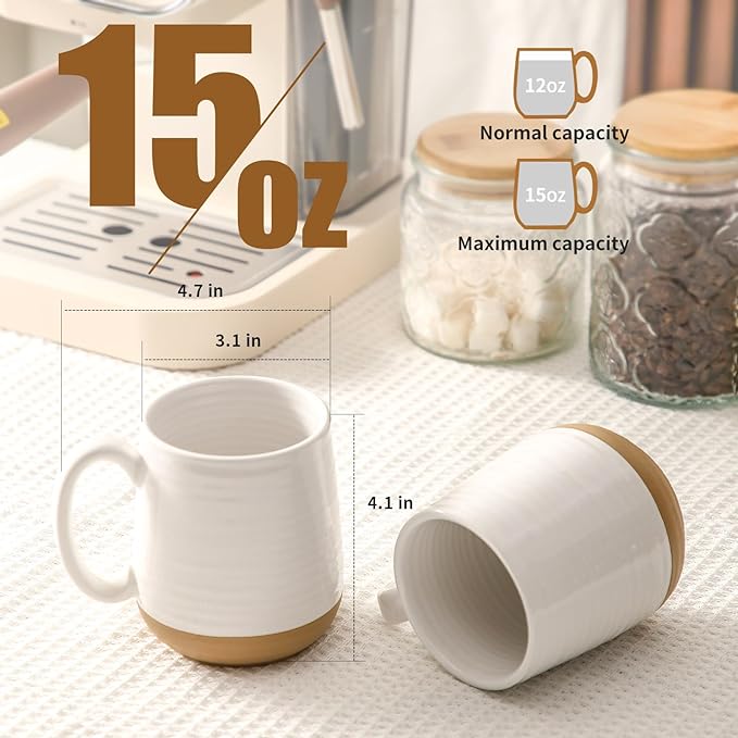 HASENSE Porcelain Coffee Mugs Set of 6, 15 Ounce Large Ceramic Coffee Cups Set with Handle for Latte, Tea, Cocoa and Hot Chocolate, White Coffee Mugs for Men and Women, Microwave Safe - Image 2