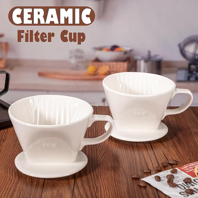 Pour Over Coffee Dripper, Ceramic Pour Over Coffee Maker with 3 Holes Flat Bottom, Easy Manual Brew Maker, Porcelain Slow Filter Cone for Travel, Camping, Office, Home, WH