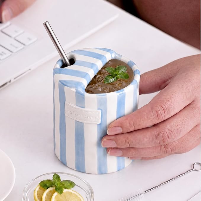 1 Pack Ceramic Coffee Mug with Sip Hole Espresso Cup 10oz with Straws Retro Hand Painted Striped Ceramic Iced Coffee Tea Travel Mug Latte Cup for Kitchen Dining (Simple,Blue) - Image 7