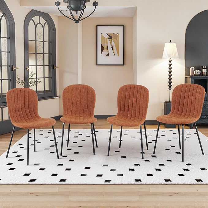 Dining Chairs Set of 4, Modern Mid Century Faux Leather Dining Room Chairs with Black Metal Legs, Comfortable Armless Side Kitchen Chair for Home, Living Room, Bedroom, Restaurant, Brown by SQPFTW