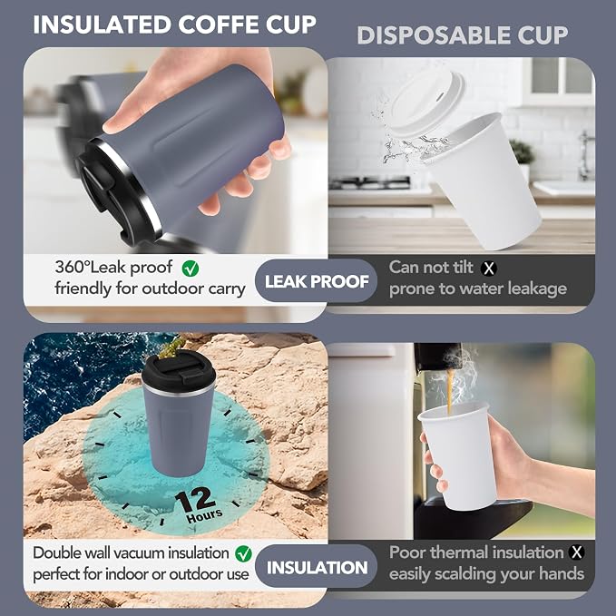 Volhoply 12 oz Double Wall Insulated Vacuum Travel Coffee Mugs with Flip Lid Bulk 2 Pack,Reusable Stainless Steel Leak Proof Coffee Cup,Portable Cafe Thermal Tumbler for Hot & Cold Drinks(Gray,2 Set) - Image 3