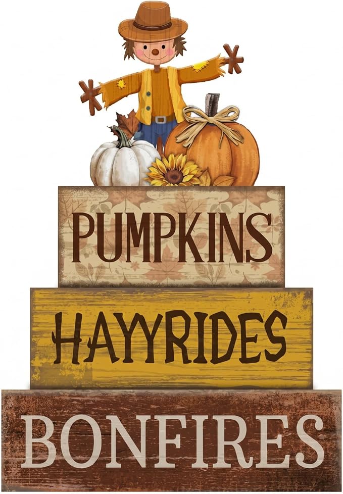 Moucuny 4 Pcs Fall Scarecrow Table Decoration for Home Wooden Stack Decor | Rustic Fall Tiered Tray Decor Farmhouse Scarecrow Block Signs Gift Thanksgiving Centerpiece Decoration for Home Kitchen Shelf by Moucuny