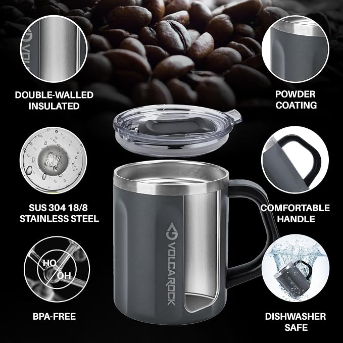 Stainless Steel Coffee Mug Cup with Handle, 16 oz Double Wall Vacuum Insulated Travel Mug Tumbler With Slider Lid, Insulated Camping Tea Flask for Hot & Cold Drinks (Grey) - Image 3