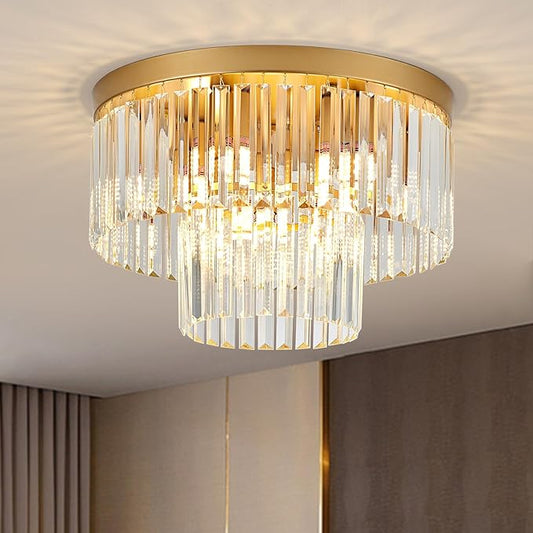 17" 9 Light Gold Crystal Ceiling Light for Dining Room | K9 Crystal, 2 Tier, E12 Base, Adjustable Color Temperature, Flush Mount, for Kitchen Island Living Room Bedroom Entryway by Faibra