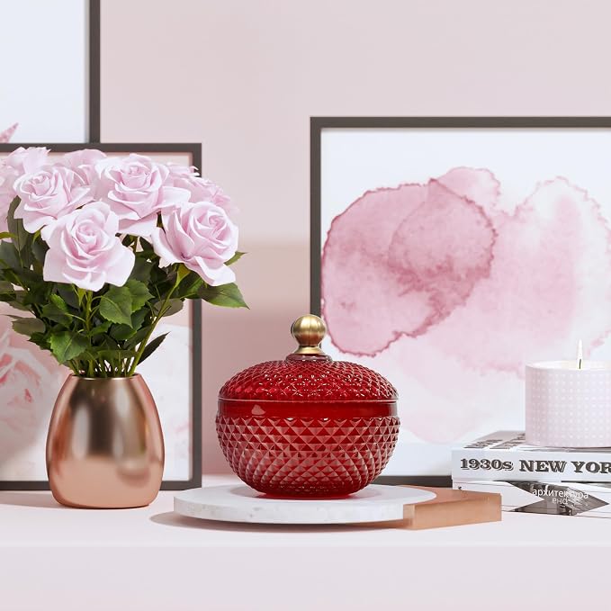 Joeyan 12 oz Small Red Glass Jewelry Box Jars with Lid,Embossed Glass Candy Dishes,Diamond Faceted Food Container,Decorative Apothecary Canisters,Colored Kitchen Bathroom Buffet Storage Organizer - Image 9