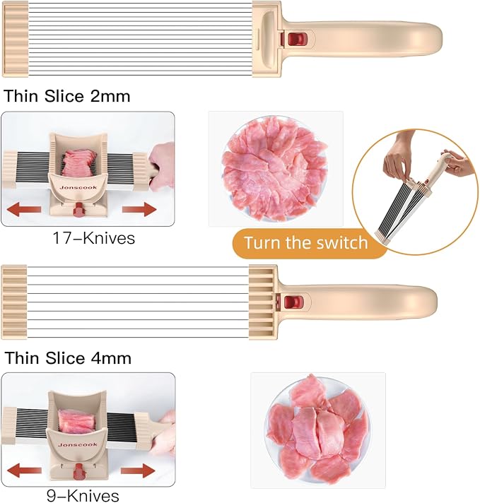 Fresh Meat Slicer, Manual Fresh Meat Cutter, Meal Prep Ideas, Adjustable Thickness 2mm or 4mm, 17 Blades get 18 Meat Slices, Meat Cleavers can be Sliced, Striped, Diced -Pink - Image 3
