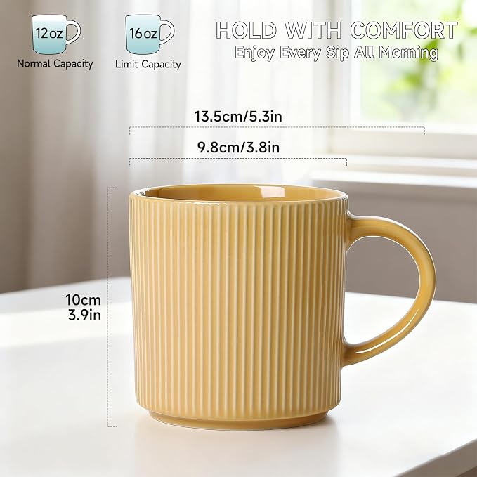 MONITO 16Oz Coffee Mugs Set of 4, Rustic Ceramic Coffee Cups Set with Large Handle, Vintage Striped Stoneware Coffee Mugs for Latte, Cocoa, Tea, Milk, Microwave & Dishwasher Safe, Lemon Yellow - Image 2