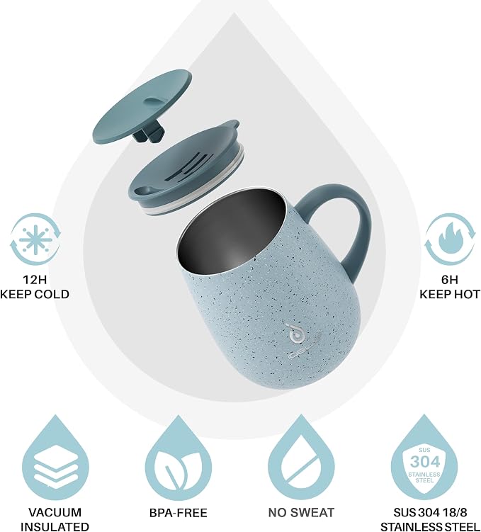 Ideus 16 oz Insulated Coffee Mug with Handle and Lid, Double Wall Stainless Steel Vacuum Thermal Coffee Mug, Travel Coffee Cup Thermal Cup for Home and Office, Eggshell Blue - Image 2