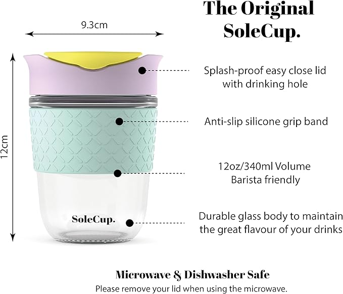 Reusable Strengthened Glass Travel Cup - Spill Proof Insulated Coffee Mug - 12oz/340ml BPA-Free Hot Drink Travel Mug with Lid & Silicone Band (Ice Cream, 12oz)