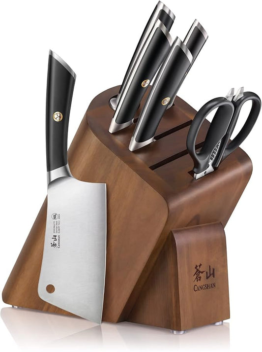 Cangshan ELBERT Series German Steel Forged Cleaver Knife Block Sets, Acacia (7-Piece, Black)