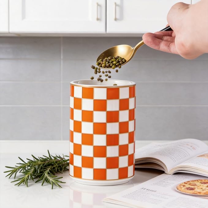 Kitchen Countertop Ceramic Checkered Canisters,Black And White Food Storage Containers With Lid,Airtight Kitchen Canisters for Flour, Sugar, Coffee, Tea, and Dry Goods (Orange, Large) - Image 4