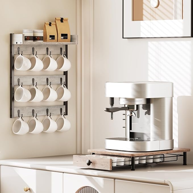YATINEY Coffee Mug Holder Stand, 3 Tier Mug Tree Rack, Hanging 12 Cups, with Top Shelf, for Kitchen, Dining Room, Living Room, Cafe, Greige and Black MH42BG - Image 2