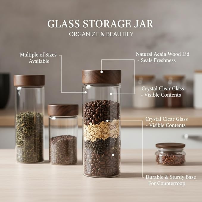 Clear Glass Storage Jar with Acacia Wood Lid - Kitchen Canister for Pantry Organization, Countertop Display, and Dry Food Storage - Image 4