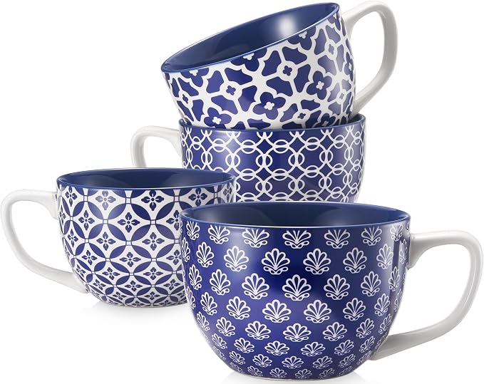DOWAN Coffee Mugs Set of 4, 24 oz Large Coffee Mugs, Jumbo Soup Mugs With Handles, Ceramic Coffee Cups for Coffee Cereal Latte for Men Women, Housewarming Wedding Gift, Vintage Blue by DOWAN