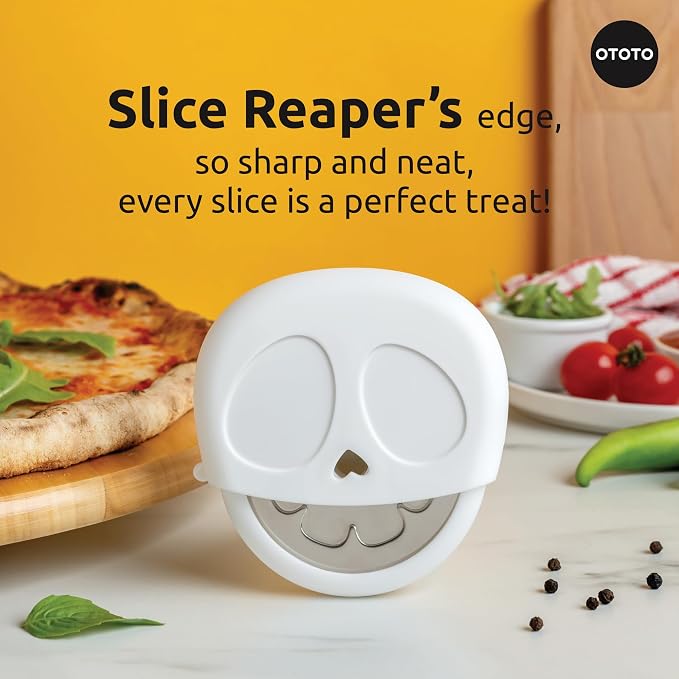 NEW - OTOTO Slice Reaper Pizza Cutter Wheel - Funny Gifts, Grim Reaper Halloween Gifts Cute Kitchen Accessories, Pizza Slicer with Cover, Kitchen Gothic Spooky Gifts, Stainless Steel Handheld (Skull) - Image 2