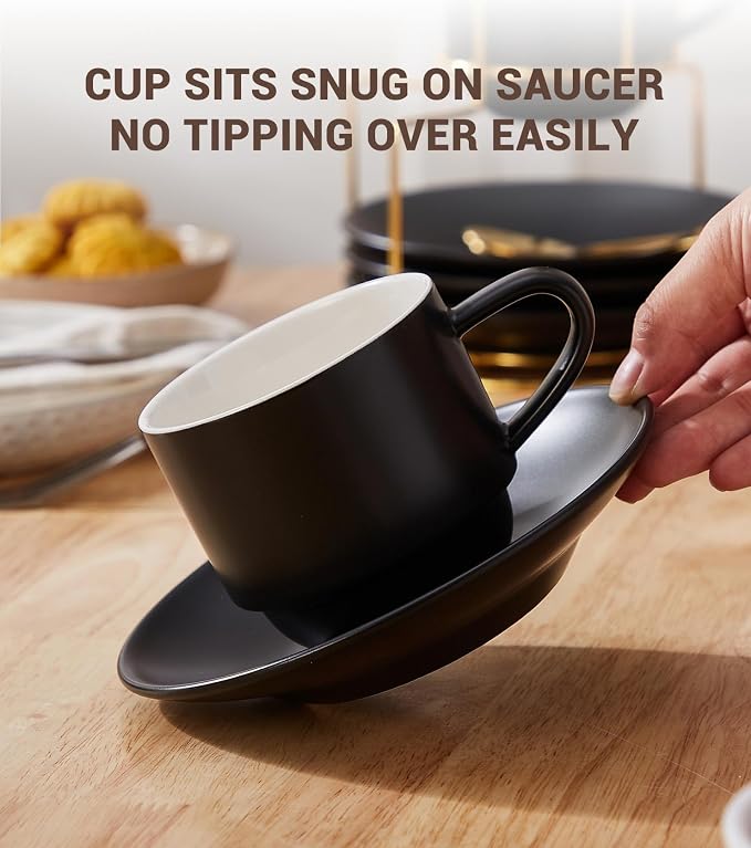 Lareina 8 Ounce Porcelain Cappuccino Cups Set of 4, Stackable Coffee Cups with Saucers, Spoons and Metal Stand -for Specialty Coffee Drinks, Cappuccino, Latte, Americano and Tea, Black - Image 7