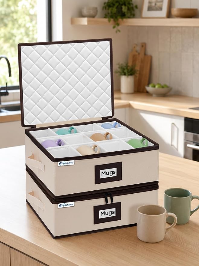 punemi Mug Storage Organizer, 2-Pack Hard Shell Boxes for Packing & Moving | Padded dividers, stackable design and carry handles for coffee mugs, tea cups and china storage, beige - Image 6
