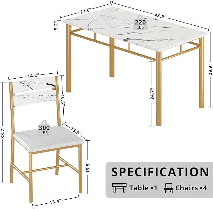 IRONCK Dining Table Set for 4, White & Gold | Wood Kitchen Table with Upholstered Chairs for Kitchen Room and Small Spaces - Image 2