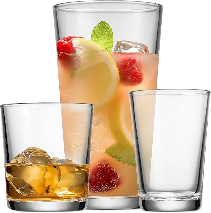 Glaver's Drinking Glasses, 24 Pc. Glass Cups, Includes 8 Highball Glasses 17 oz., 8 Rocks Glasses, 13 oz., 8 Juice Glasses, 4.5 oz., Whisky, Juice, Water, Beer, Cocktails, Dishwasher Safe. by Glavers