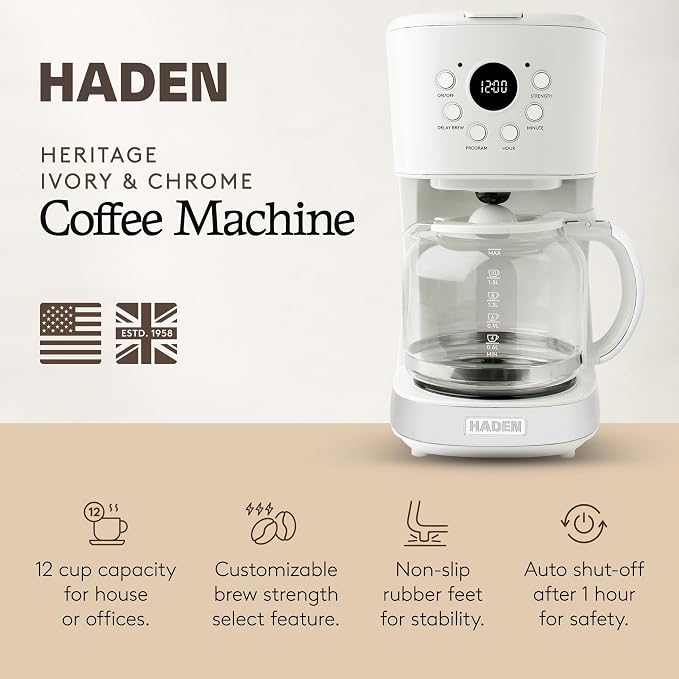 HADEN Coffee Machine, 12 Cup Programmable Drip Coffee Maker | with Auto Shut-Off Function and Reusable Washable Water Filter, Ivory & Chrome - Image 2