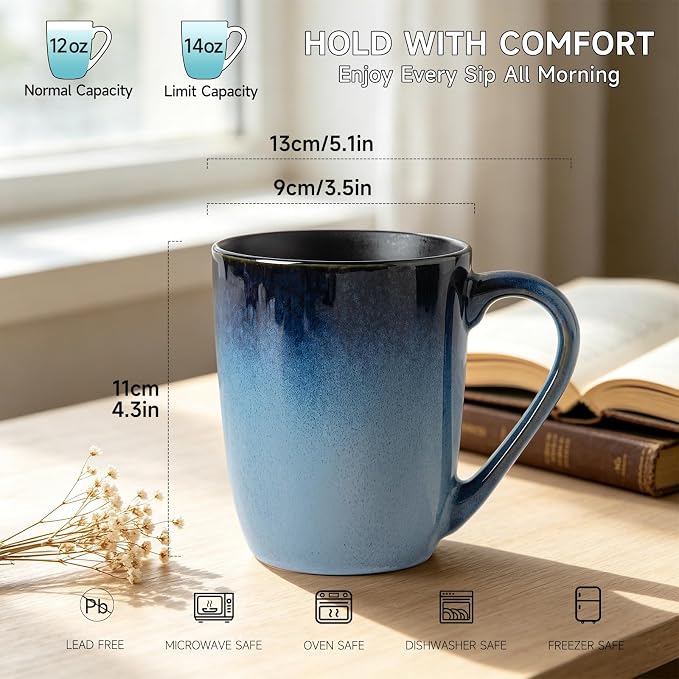 MONITO Large Ceramic Coffee Mugs Set with Handle for Tea/Latte/Cappuccino/Milk/Cocoa, Ice-Snow Blue 14oz, Set of 6, Funny Tea Cups for Office and Home - Image 2